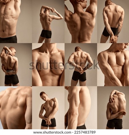 Collage. Athletic, beautiful, musuclar, relief male body. Young handsome man posing in underwear over grey background. Concept of men's health and beauty, body and skin care, fitness. Body art