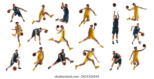 Collage. Athletic men, basketball players in sportwear exercising, training improve their playing skills against white studio background. Concept of sport, action, motion, movement, active lifestyle. - Powered by Shutterstock