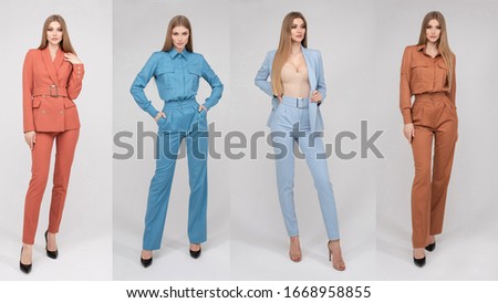 Collage of attactive model wearing different stylish outfits.