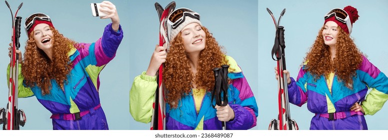 Collage of attractive smiling curly redhead woman in ski overalls with protective ski goggles holding ski gear taking selfie isolated on blue background. Concept of winter sports