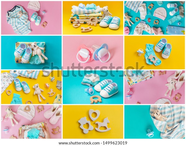 Collage Baby Accessories On Colored Background Stock Photo Edit Now