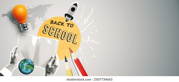 Collage of back to school elements including a blackboard, lightbulb, rocket, and hands holding a book on a grey background. Concept of education and learning