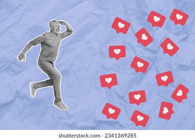 Collage banner advert  account like hearts symbol notification high popularity  blog old man isolated on blue background