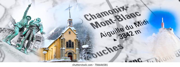 Collage Banner With Chamonix, France Landmark Photos Over The Map. My Own Photos Used