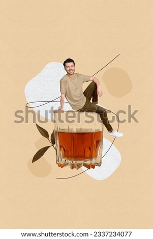 Collage banner photo of funny young guy sitting cognac glass alcohol premium bar hangover whiskey jack daniels isolated on beige background