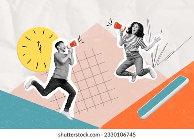 Collage banner photo of youngster two friends colleagues jumping scream loudspeakers deadline isolated on painting sketch background
