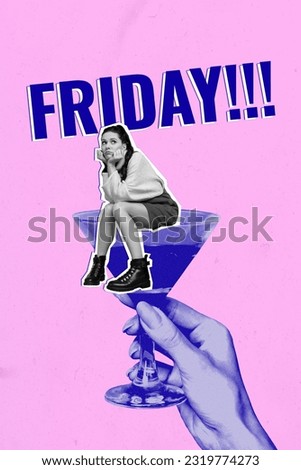 Collage banner of young woman upset sitting drunk depression heart broken no partner gin glass friday party isolated on pink background