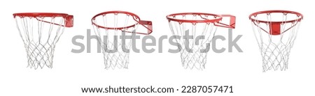 Collage of basketball hoop isolated on white, different sides