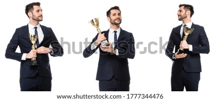 collage of bearded businessman holding golden trophy isolated on white