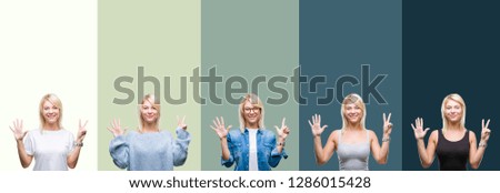 Collage of beautiful blonde woman over green vintage isolated background showing and pointing up with fingers number seven while smiling confident and happy.