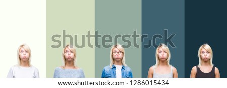 Collage of beautiful blonde woman over green vintage isolated background puffing cheeks with funny face. Mouth inflated with air, crazy expression.