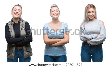 Collage of beautiful blonde young woman over isolated background happy face smiling with crossed arms looking at the camera. Positive person.