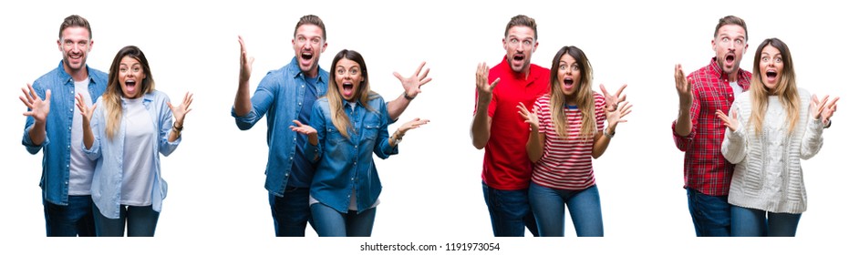 Collage of beautiful couple together over white isolated backgroud celebrating crazy and amazed for success with arms raised and open eyes screaming excited. Winner concept - Shutterstock ID 1191973054