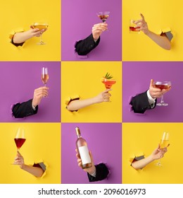 Collage Of Beautiful Female Hands With Champagne Flute, Cocktail And Wine Bottle Breaks Through Yellow And Purple Paper Background. Concept Of Alcohol, Drink, Party, Degustation, Holiday And Ad