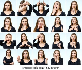 Collage of beautiful girl with different facial expressions isolated - Shutterstock ID 687396934