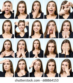 Collage of beautiful girl with different facial expressions isolated - Shutterstock ID 688864153