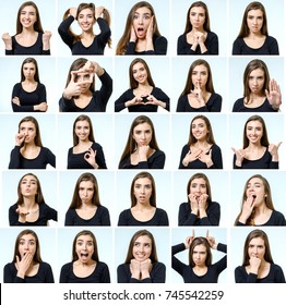 Collage Of Beautiful Girl With Different Facial Expressions Isolated