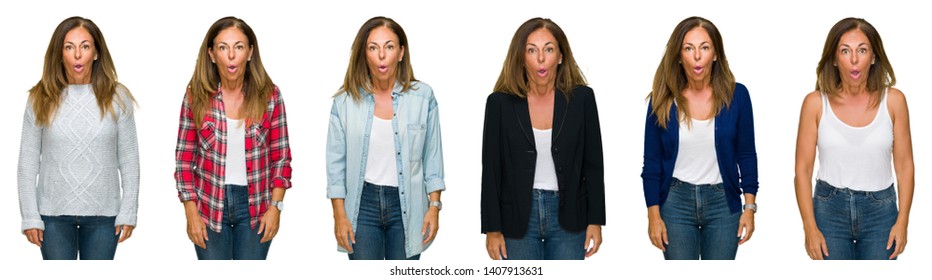 Collage of beautiful middle age woman over white isolated background afraid and shocked with surprise expression, fear and excited face. - Shutterstock ID 1407913631