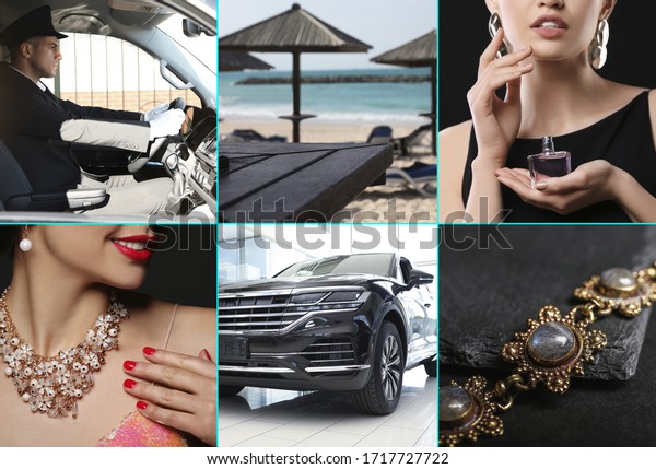 Collage with\
beautiful pictures of luxury\
life