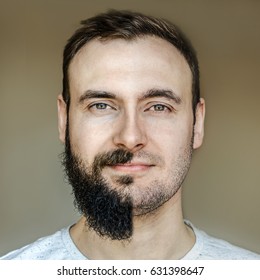 A Collage Of A Beautiful Portrait Of A Man With A Full Beard And No Beard After Shaving With Light Stubble. Barber Working On A Brown Background.