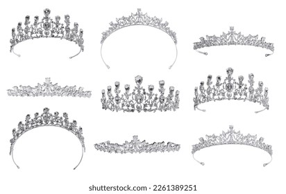 Collage of beautiful silver tiaras with diamonds on white background