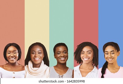 Collage Of Beautiful Smiling Black Ladies Over Colorful Studio Backgrounds, African Beauty Concept