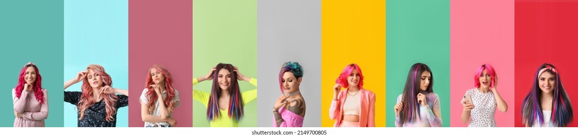 Collage With Beautiful Women With Unusual Bright Hair Colors  