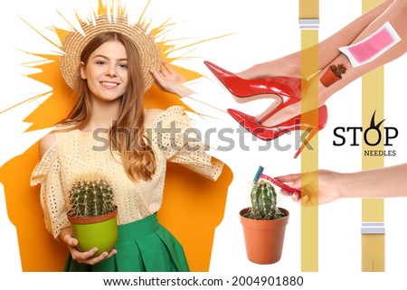 Collage of beautiful young woman with cacti and female legs after hair removal on white background