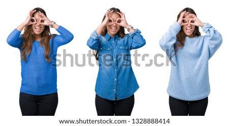 Collage of beautiful young woman over isolated background doing ok gesture like binoculars sticking tongue out, eyes looking through fingers. Crazy expression.