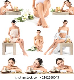 Collage With Beautiful Young Woman And Spa Items Isolated On White