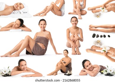 Collage With Beautiful Young Woman And Spa Items Isolated On White