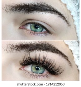 Collage before and after eyelash extension with black eyelash