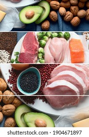 Collage Of Best High Protein Foods. Healthy Eating Concept. Health And Body Building Food. 
