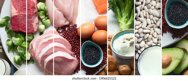 Collage Of Best High Protein Foods. Healthy Eating Concept. Health And Body Building Food. 
