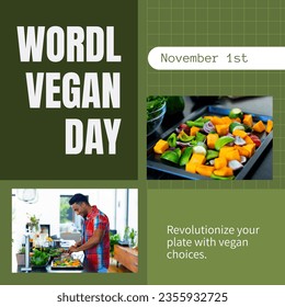 Collage of biracial man cooking food and various vegetable slices in tray and world vegan day. November 1st, revolutionize your plate with vegan choice, organic, food, healthy, support, celebrate. - Powered by Shutterstock