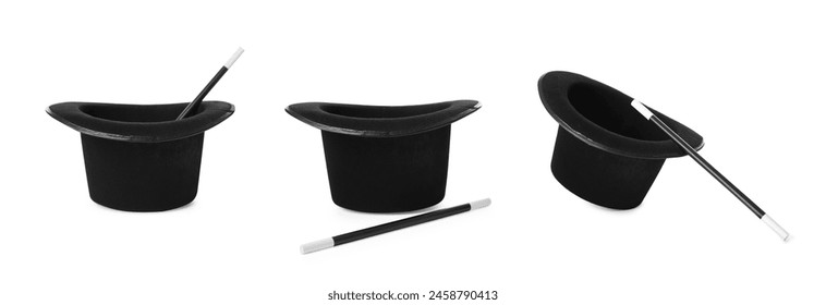 Collage with black magician hat and wand isolated on white, different sides