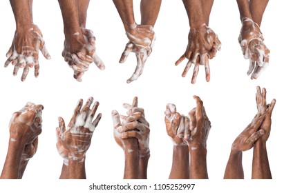 Collage of black man washing hands with soap isolated on white background. Hygiene, cleanliness concept