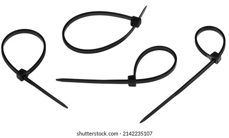 Collage black plastic cable ties isolated on white background. set plastic wire ties closeup. - Shutterstock ID 2142235107