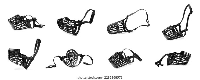 Collage with black plastic dog muzzle on white background, different sides - Shutterstock ID 2282168571