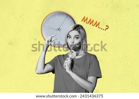 Collage of black white colors girl hold lick fork arm fingers demonstrate tiny size gesture wall watch clock time isolated on yellow background