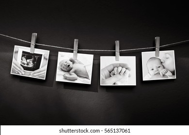 Collage Of Black And White Photos Story Of A Newborn And Mother Hanging On The Clothesline On A Textured Wall Background. Family, Childbirth, New Life Concept Background.