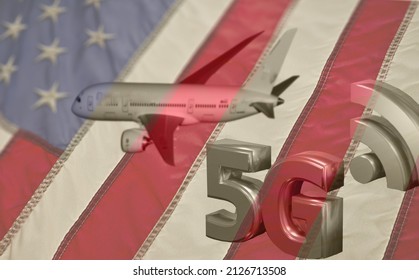 Collage With Blurred American Flag And Aircraft And 3d Letters Text 5G. Illustration Of Airlines Worrying About Interference With Plane Altimeter