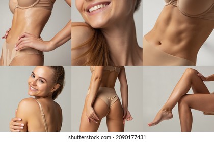 Collage of body parts of beautiful young slim woman posing in underwear isolated over gray background. Concept of beauty, body and skin care, health, plastic surgery, cosmetics, ad