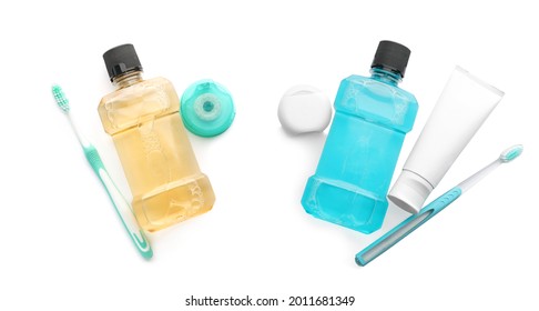 Collage with bottles of mouthwash and other items for teeth care on white background, top view. Banner design