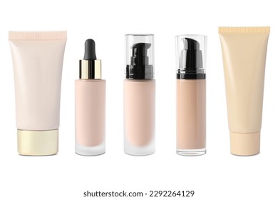 Collage with bottles and tubes of skin foundation on white background