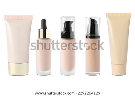 Collage with bottles and tubes of skin foundation on white background