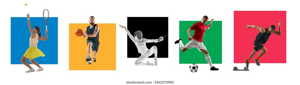 Collage. Break frames. Male and female athletes from different sports, each positioned against uniquely colored background. Concept of professional sport, competition, tournament, movement, action. Ad - Powered by Shutterstock