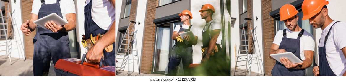 Collage Of Builders With Tool Belt And Toolbox Using Digital Tablet Near House