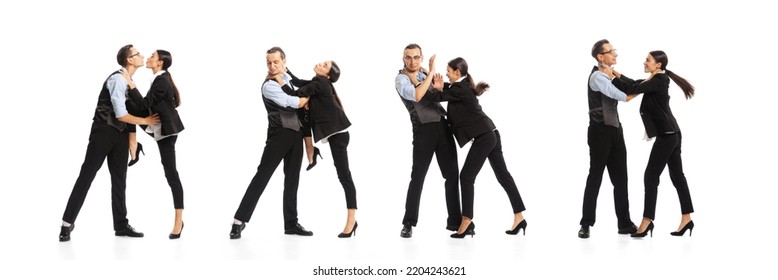 Collage. Business People, Man And Woman In Official Clothes Working Isolated Over White Background. Work Romance. Concept Of Business, Office Lifestyle, Success, Ballet, Career, Expression, Ad