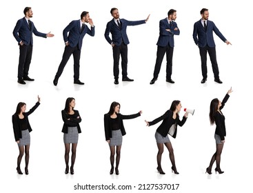 Collage. Businessman and woman, ofiice workers in official cloth standing in a line isolated over white background. Business comunication. Concept of career development, progress, achievement